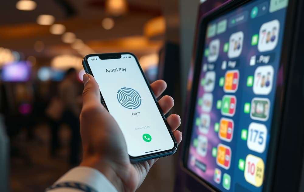 Person som bruker Apple Pay på iPhone for innskudd på et nettcasino