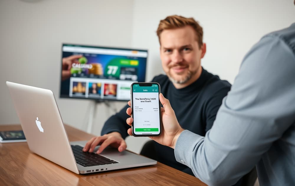 Norsk spiller som utfører bankoverføring på casino via mobil og laptop