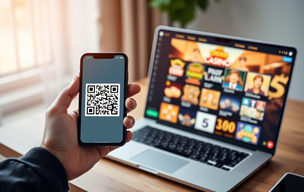 Mobiltelefon som viser QR-kode for Bitcoin-innskudd på et casino, med laptop i bakgrunnen.
