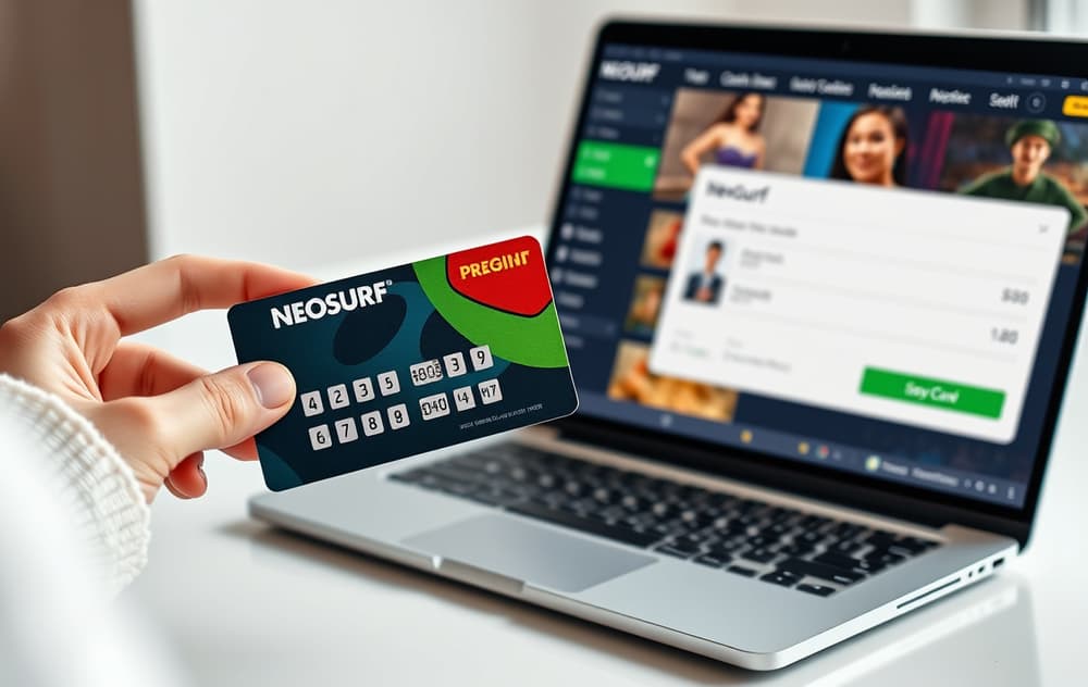Person med Neosurf-kupong og laptop med casino-kasse