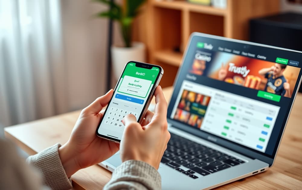 Person som bruker Trustly via BankID på mobilen for å sette inn penger på et casino