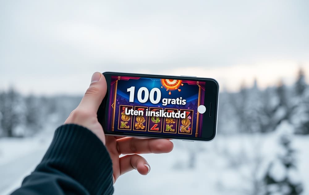 Person med mobiltelefon som viser 100 kr gratis casino bonus uten innskudd, med spilleautomatsymboler og norsk vinterbakgrunn.