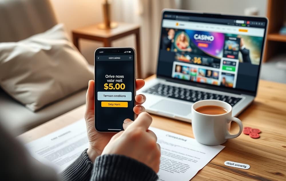 En norsk spiller med smarttelefon som viser et casino bonustilbud, ved siden av en kopp kaffe og utskrevne vilkår.
