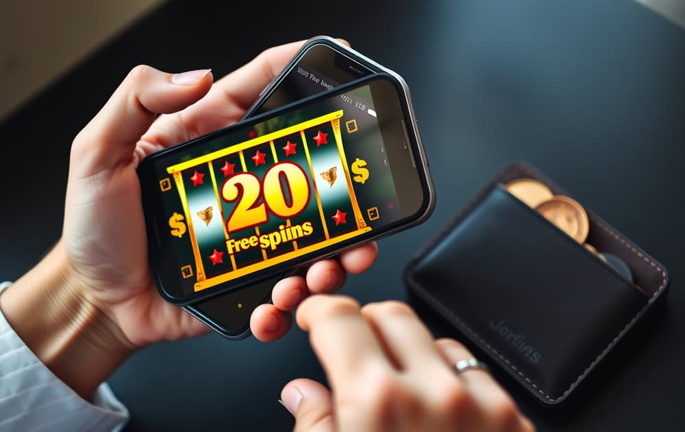 Person med mobil som viser gratisspinn på spilleautomat, med lommebok og mynter