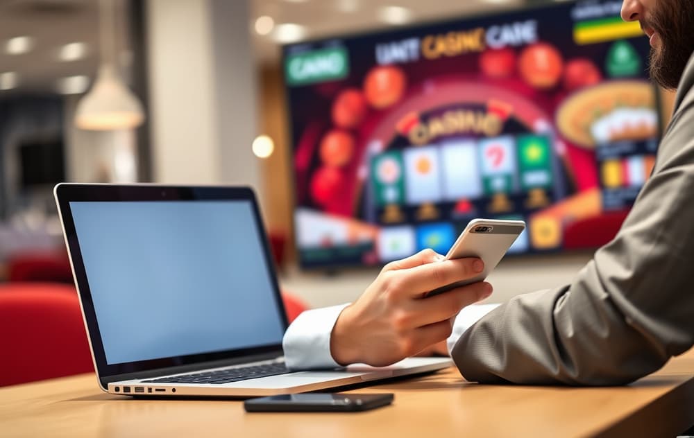 Person med kredittkort foran laptop og mobil, med casino-grensesnitt i bakgrunnen.