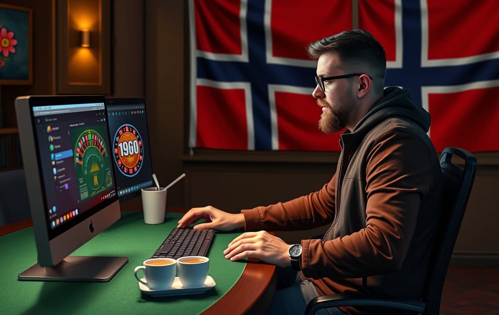 Norsk spiller ved datamaskin med casino på skjermen, norsk stue med flagg.