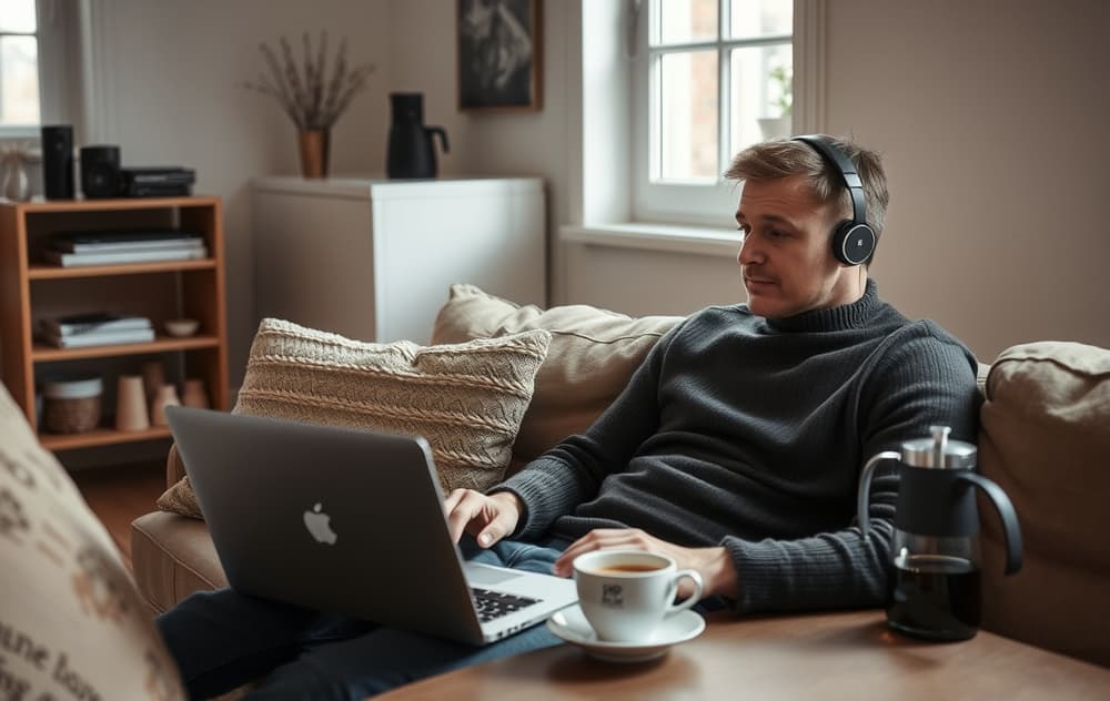 Spiller som leser om rettigheter på en laptop