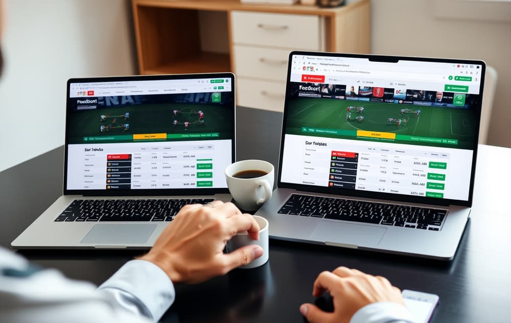Person som sammenligner odds på to skjermer med en kopp kaffe ved siden av