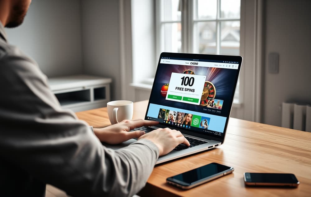 Person som tester gratis casino-tilbud på laptop i et moderne hjemmekontor.