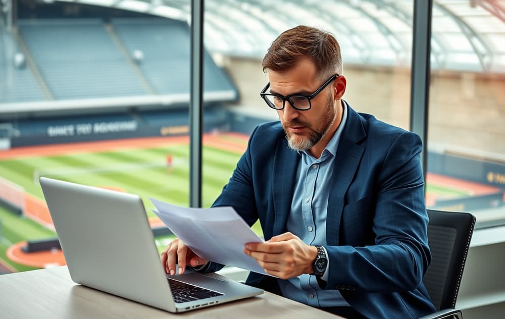 Person som sammenligner odds på en bærbar PC med sportsbakgrunn