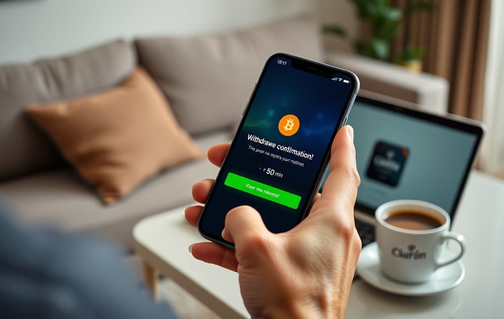 Person som holder en smarttelefon med casino-app som viser uttak bekreftet med Bitcoin-ikon og timer på 5 minutter.