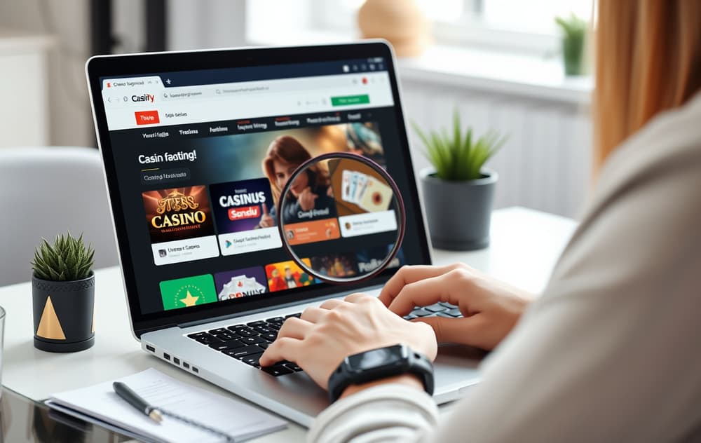 Person som sammenligner casinoer på PC med forstørrelsesglass