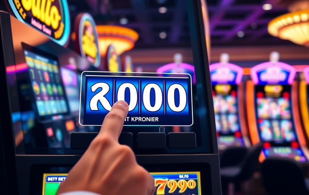 Hånd på spilleautomat med progressiv jackpot-teller i millioner kroner, casino-bakgrunn