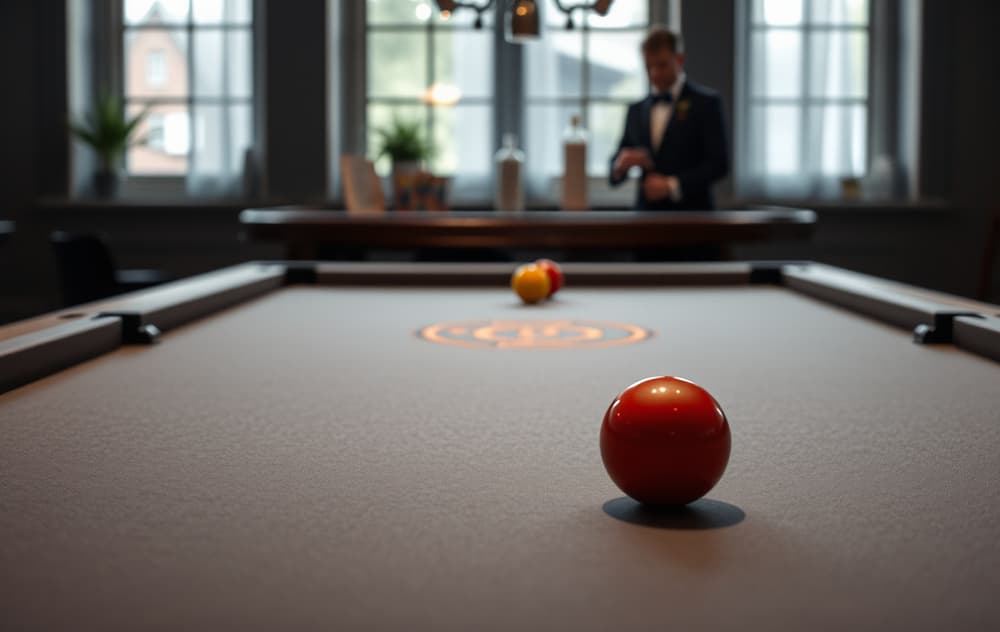 Rulettbord med ball i lomme og croupierhånd